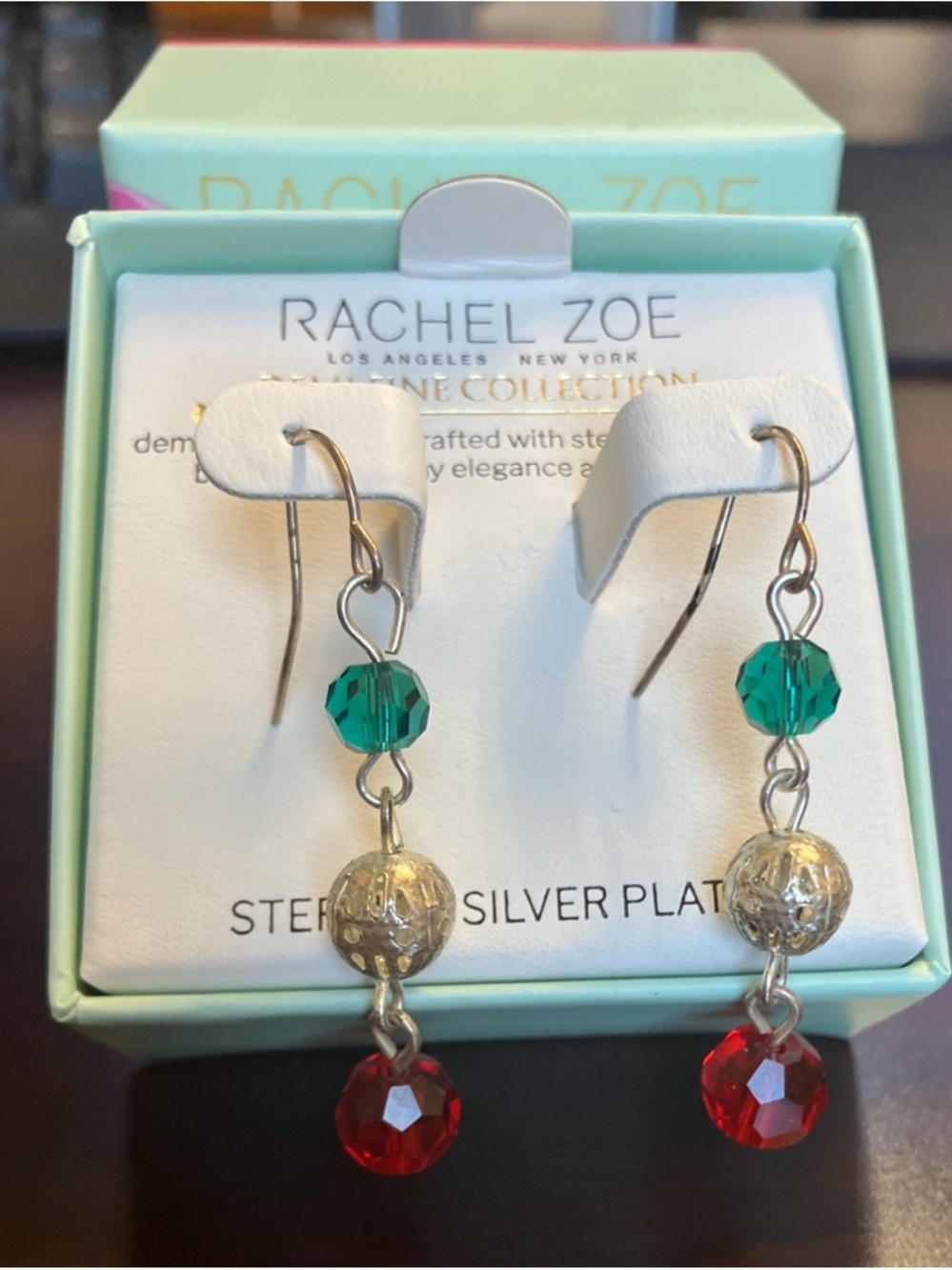 Rachel Zoe Green & Red Bead Drop Earrings with Silver Accents
